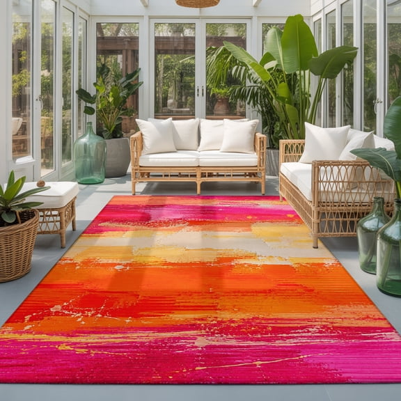 Pink Orange Striped Washable Living Room Rugs 8'x10', Pink Orange Splattered Paint Specks Style Washable Throw Large Area Rug Non-Slip Sturdy Edge Binding Carpet for Bedroom Dining Room Office