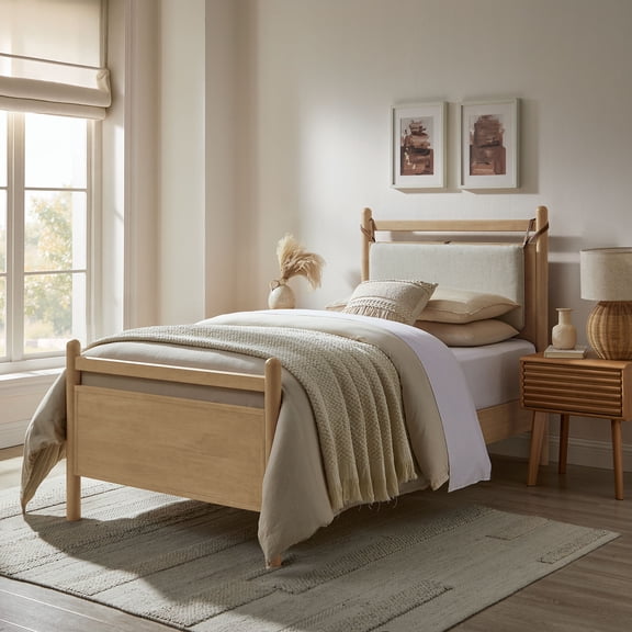 Leni Twin Size Wood Platform Bed Frame in Light Oak Heathered Ivory