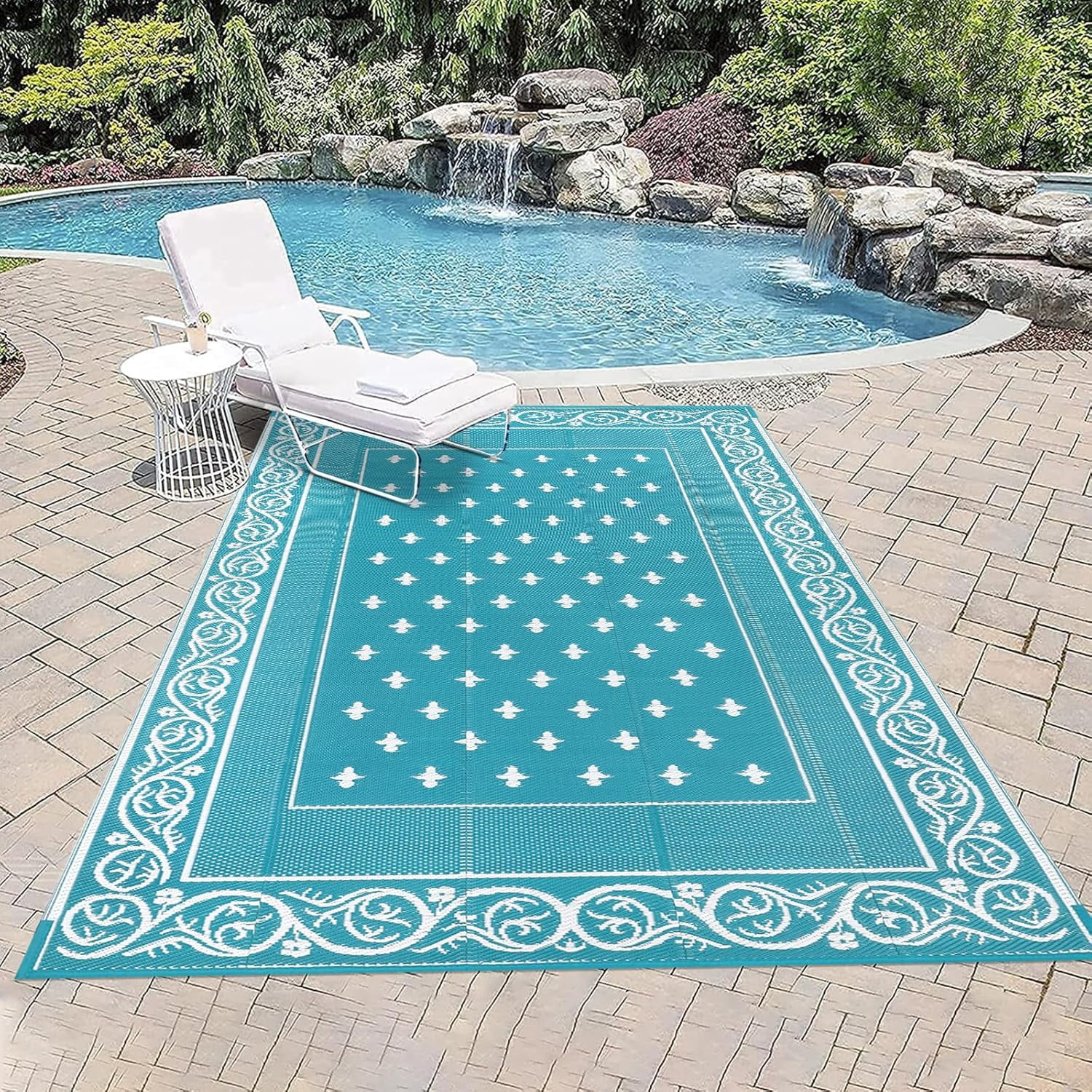 Findosom 8'x10' Teal Large Outdoor Rug Outdoor Mat RV Outdoor Rug Reversible Plastic Straw Rug Patio Rug Waterproof Foldable Portable Camping Rug for RV, Patio, Backyard, Deck, Picnic, Beach, Trailer