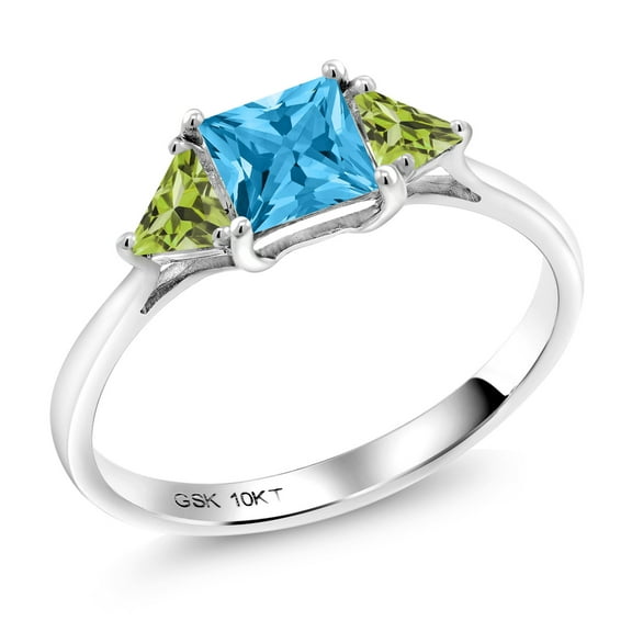 Gem Stone King 10K White Gold Swiss Blue Topaz and Green Peridot 3 Stone Engagement Ring for Women (1.16 Cttw, Gemstone November Birthstone, Princess Center 5MM, Trillion 3.5MM, Size 9)