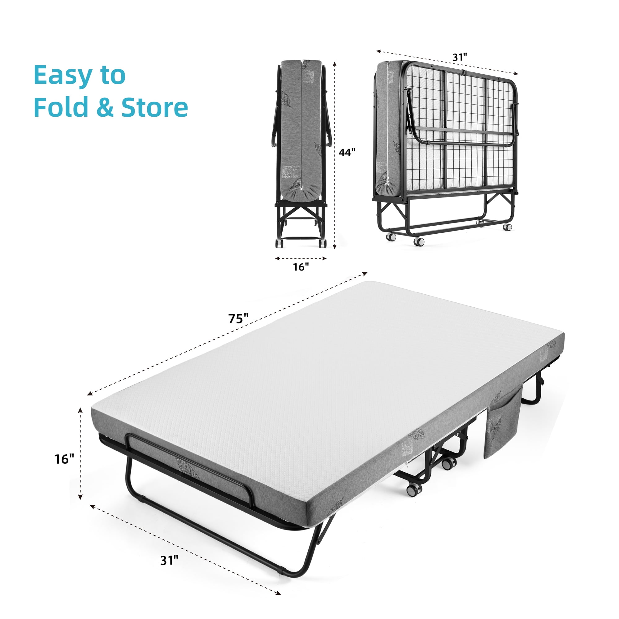 Extra Wide Folding Bed with Memory Foam Mattress, Heavy Duty Steel Frame, Portable Rollaway Guest Bed with Wheels for Adults