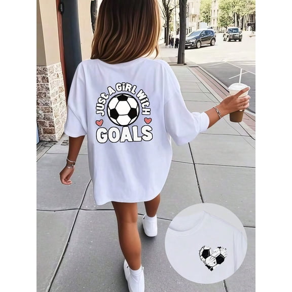 MAWOTEA Girls Soccer Fan T-Shirt - Double Side Print Just a Girl with Goals Iron-On Graphic Short Sleeve Top, Size 3Y-13Y