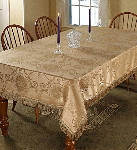 Rectangle Tablecloths Violet Linen Legacy Cobblestone Pattern Polyester Jacquard Macrame Lace Border Seats 16 to 18 People Beige 70 X 180