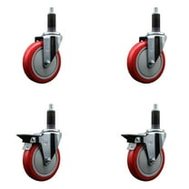 5 Inch Red Poly Wheel Swivel 1-1/8 Inch Expanding Stem Caster Set 2 Brakes SCC