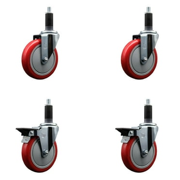 5 Inch Red Poly Wheel Swivel 1-1/8 Inch Expanding Stem Caster Set 2 Brakes SCC