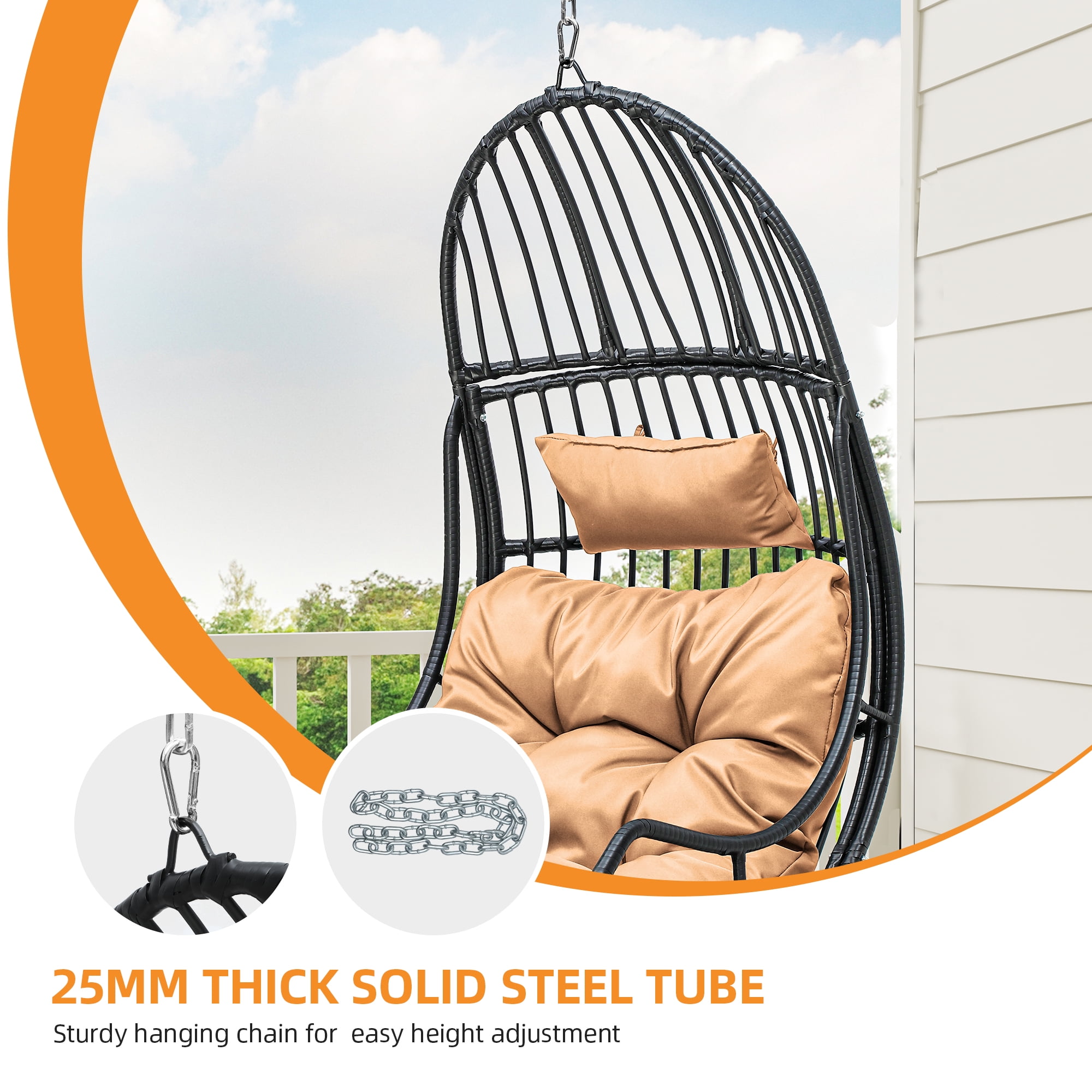 Uforic Brown Wicker Egg Swing Chair w/Cushions, Supports up to 330lbs, Ideal for Bedroom Patio Garden Balcony Use (Stand Sold Separately)