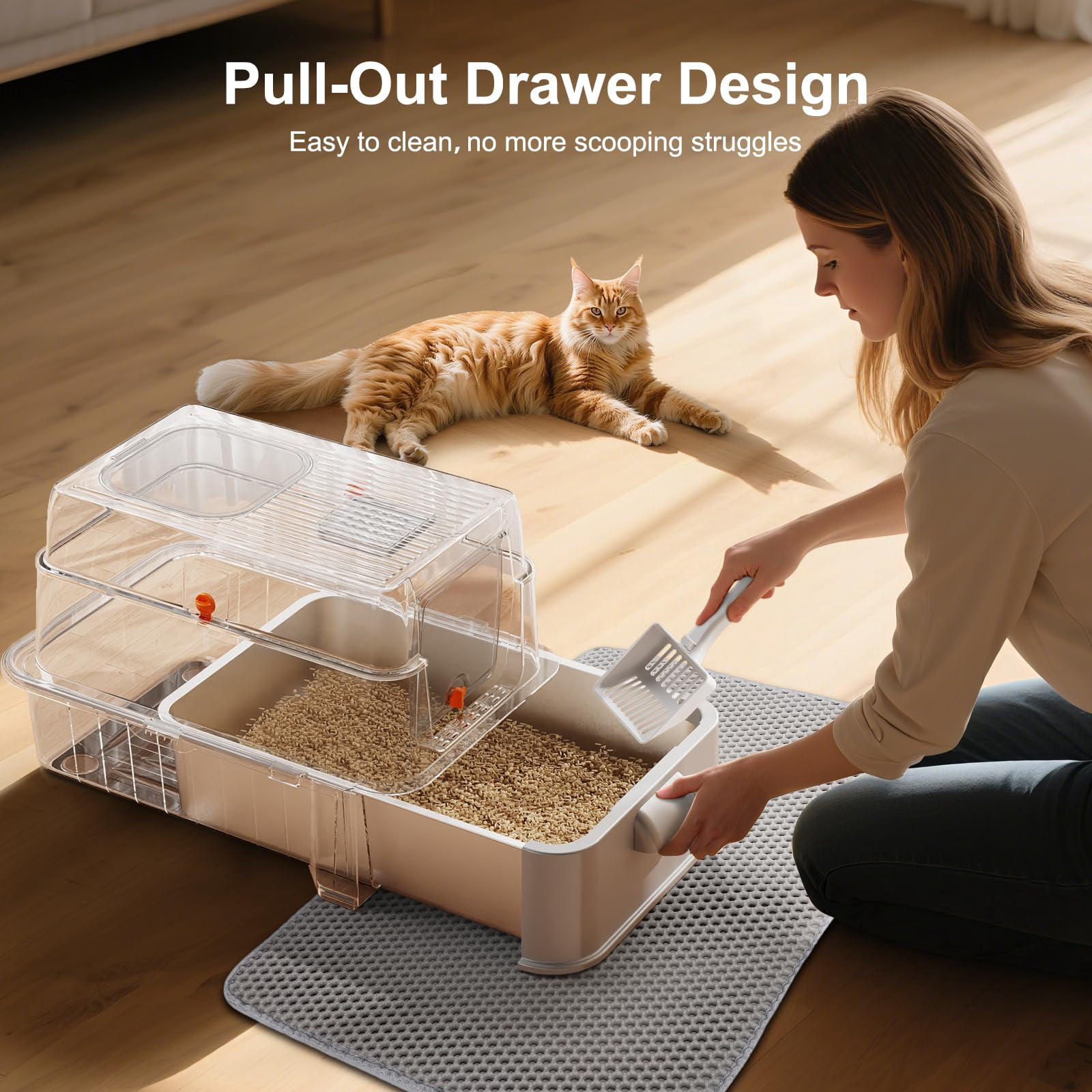 Silver Stainless Steel XL Cat Litter Box With Drawer Lid, Front Top Dual Entry