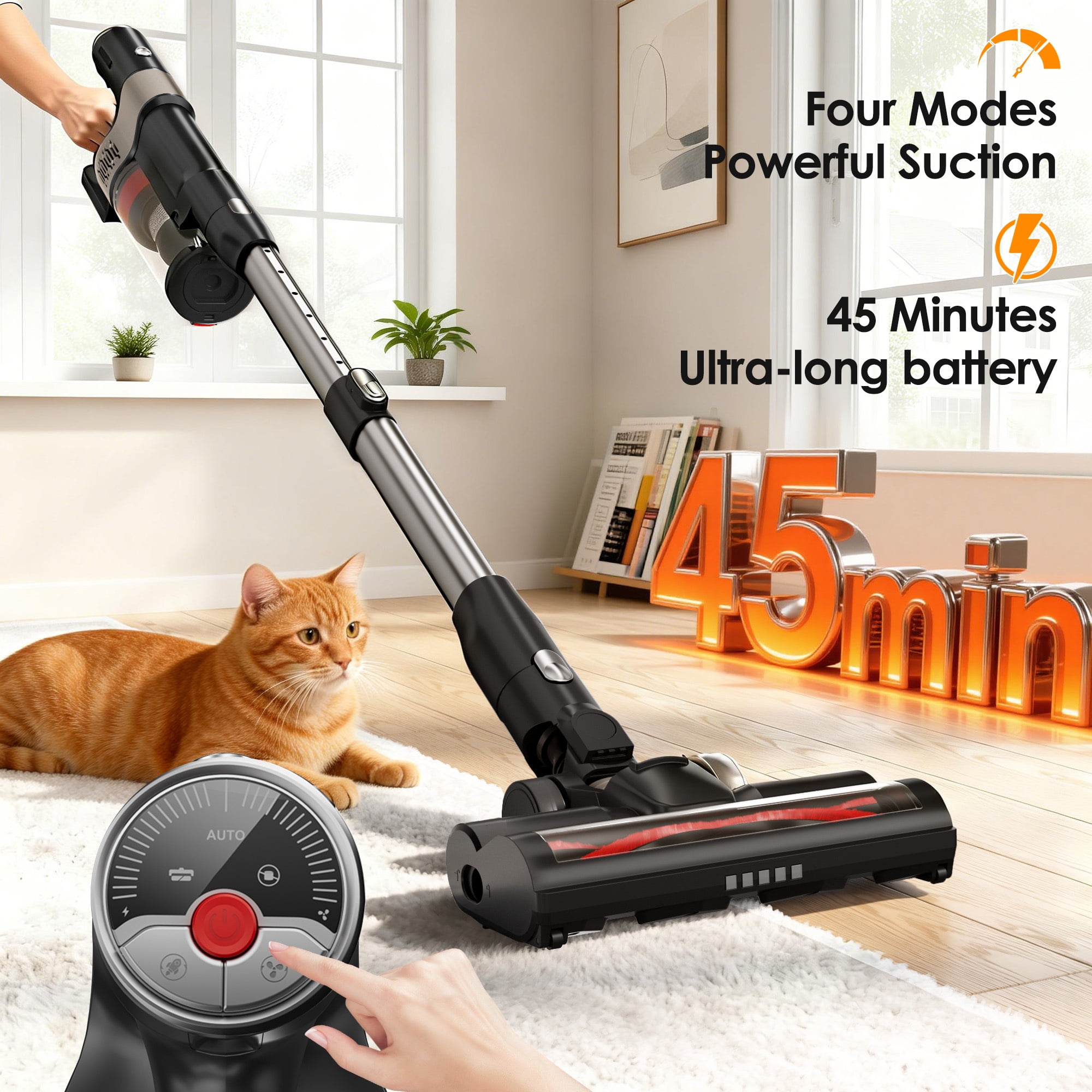 Cordless Vacuum Cleaner, 650W 45KPA 45Mins Self-Standing Vacuum Cleaner with Charging Station for Hard Floor Carpet Car Pet Hair Sofa, Self-Emptying Station, Anti-Tangle Brushroll, LED Headlights