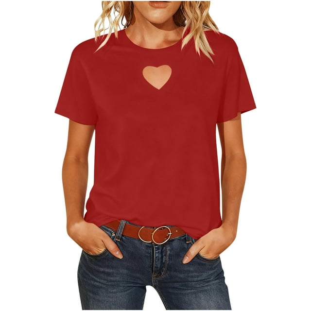 Basic Heart Cut Out Tee Short Sleeve Crewneck Top Hollow Out Detail Soft Cotton Relaxed Fit for Summer
