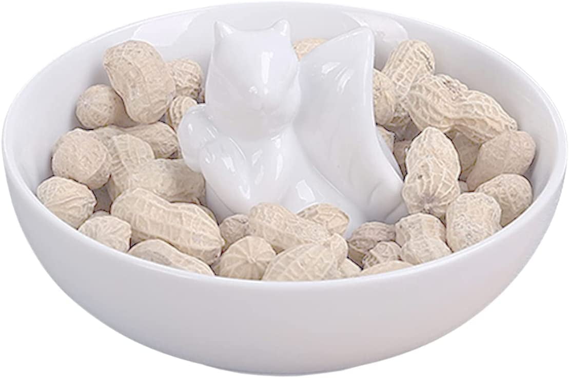 DanceeMangoo White Porcelain Nut Bowl, 6.7Inch Snack Plate, Cute Squirrel Figurine