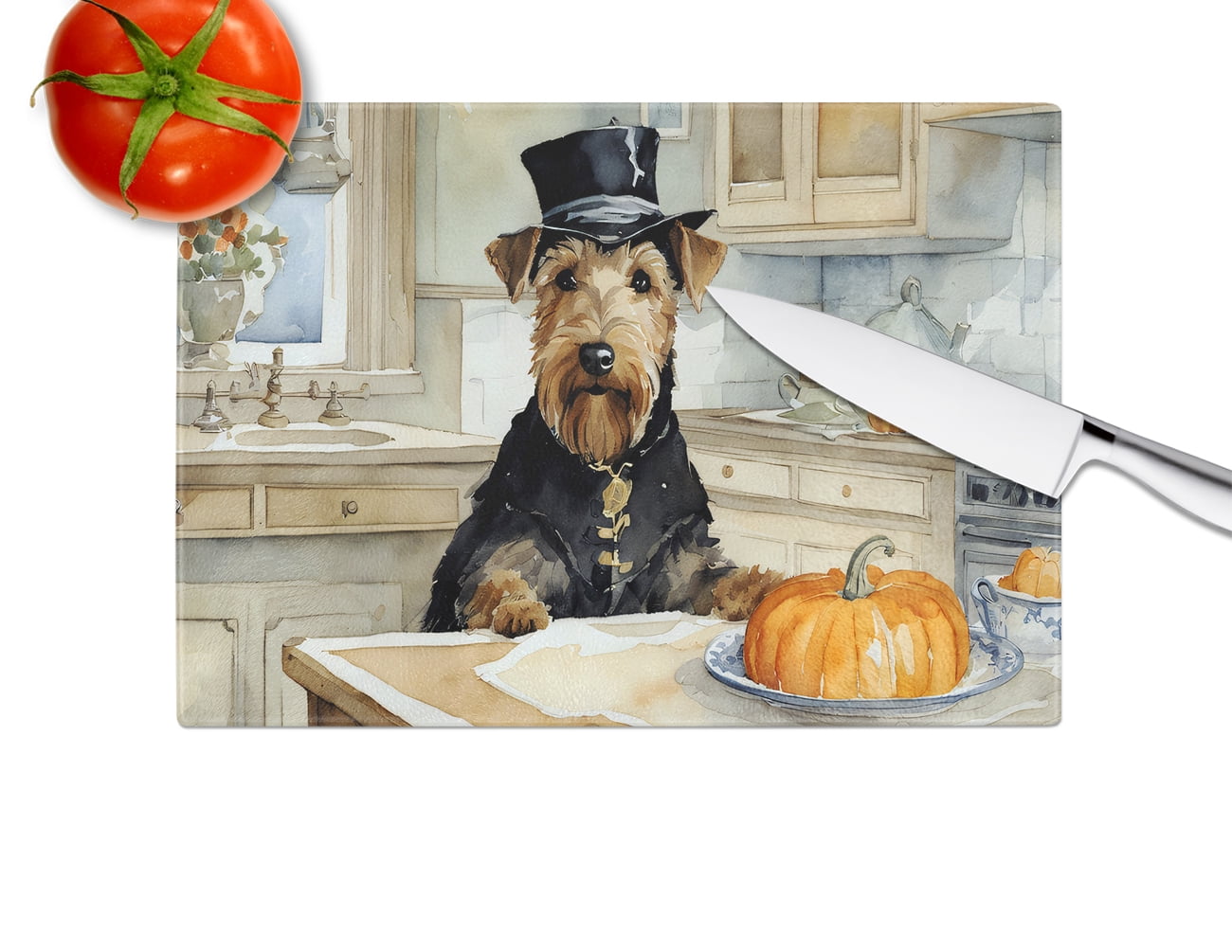 Airedale Terrier Fall Kitchen Pumpkins Glass Cutting Board Large 12 in x 15 in
