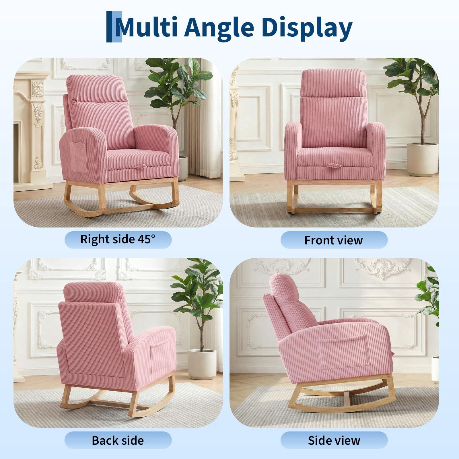 Kicctian Teddy Upholstered Rocking Chair with Extendable Footrest, Wooden Leg Rocking Armchair with Storage Side Pocket, Nursery Accent Seating for Living Room, Bedroom,Pink
