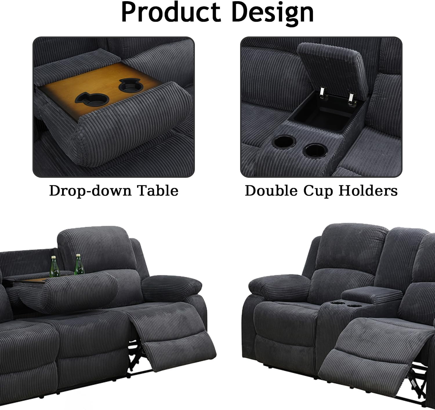 Golden Furniture Recliner Sofa Set, Fabric Reclining Sofa Set for Living Room Furniture Sets, Drak Gray Recliner Couch Set for Living Room/Office/Theater Seating