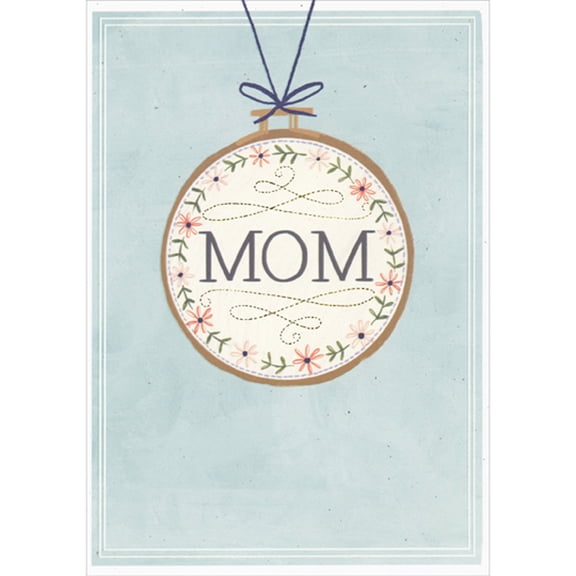 Designer Greetings Mom Pendant with Floral Border Hung from Blue String on Light Blue Mother's Day Card