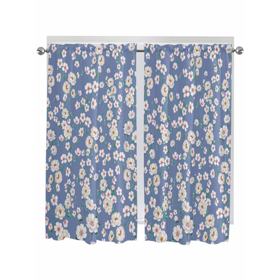 Watercolor Floral Bathroom Window Curtain, Spring Flower Leaves Botanical Blue Light Filtering Coffee Kitchen Curtains, Bedroom Living Room Curtains 2 Panel 84"x63"