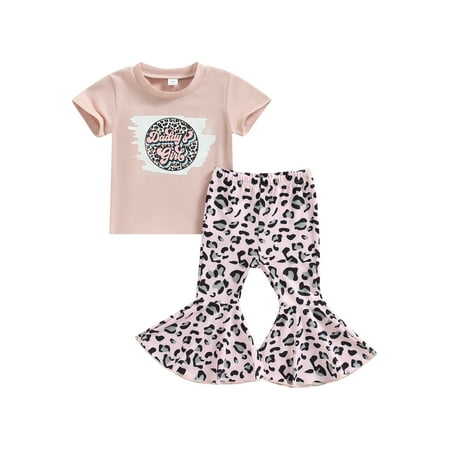 

2Pcs Kids Girls Summer Pants Set Short Sleeve Crew Neck Letters Print T-shirt with Leopard Print Flare Pants
