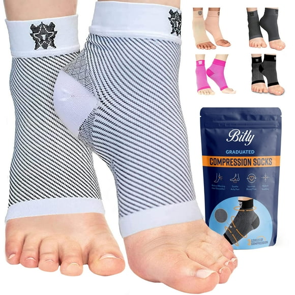 Bitly Chaussettes de Compression pour Fasciite Plantaire pour Femmes & Hommes - Meilleure Manchon de Compression de Cheville, Attelle Nano pour Usage Quotidien - Offre Soutien de la Voûte Plantaire & Soulagement de la Douleur au Talon (Blanc, Petit)