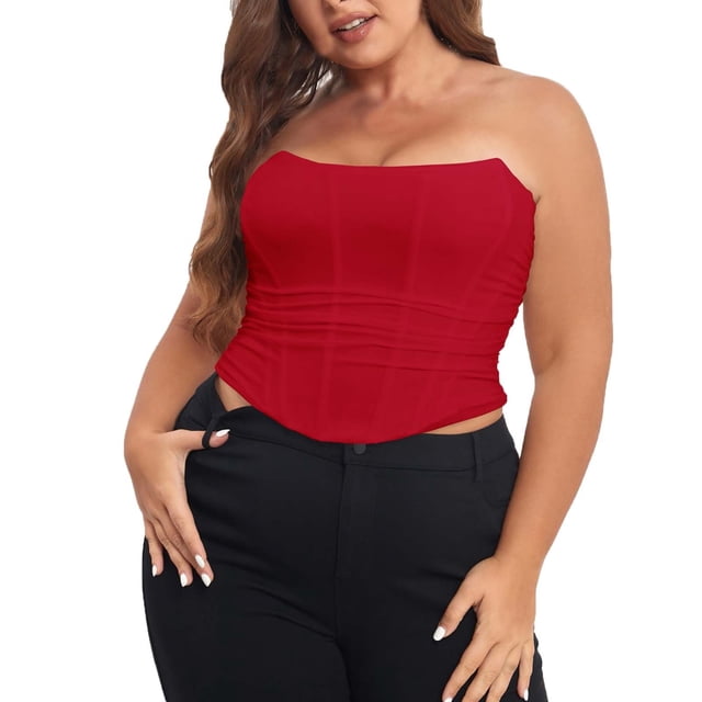 B91xZ Women's Poitrine Emballage Vinaigrette Os de Poisson Top Réglable Laçage Mode Plus Size XL à 5XL, Rouge 3XL
