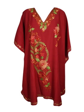 Mogul Womens Maroon Short Kaftan Dress Floral Embroidered Cover Up Caftan Lounge Wear One Size