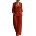 thumbnail image 2 of Chbgutlmr Womens 2 Piece Sets Cotton Linen Outfits Long Sleeve Deep V Neck Button down Shirts Straight Leg Pants Casual Loose Summer Plain Set, 2 of 5