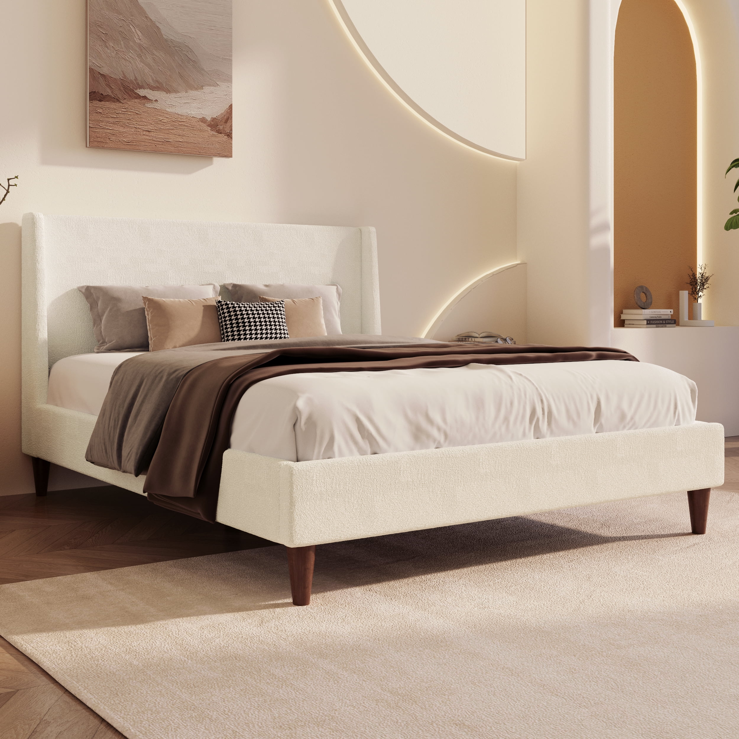 Euroco Modern Queen Size Boucle Upholstered Platform Bed with Wingback Headboard and Wooden Legs