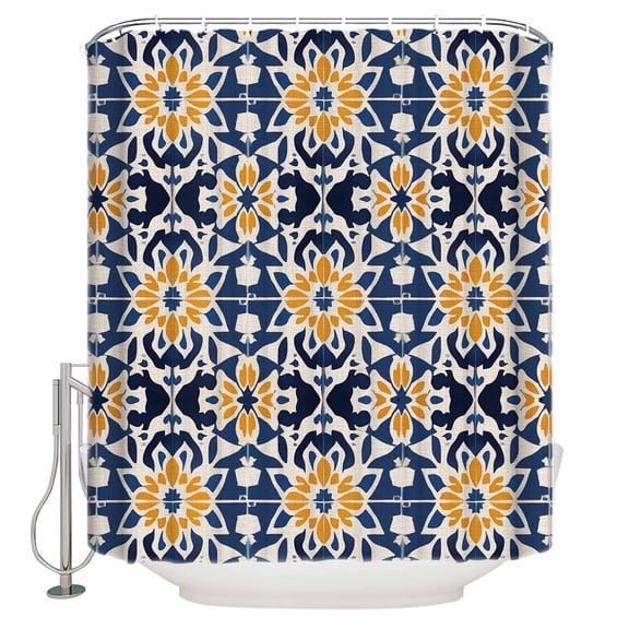 Morocco Shower Curtains for Bathroom Waterproof Fabric Bath Curtains Decor Bath Tub Curtain Orange Blue Plaid Boho Bohemian Mexican Aztec Decorative Shower Curtain Sets with 12 Hooks, 72x72 Inch