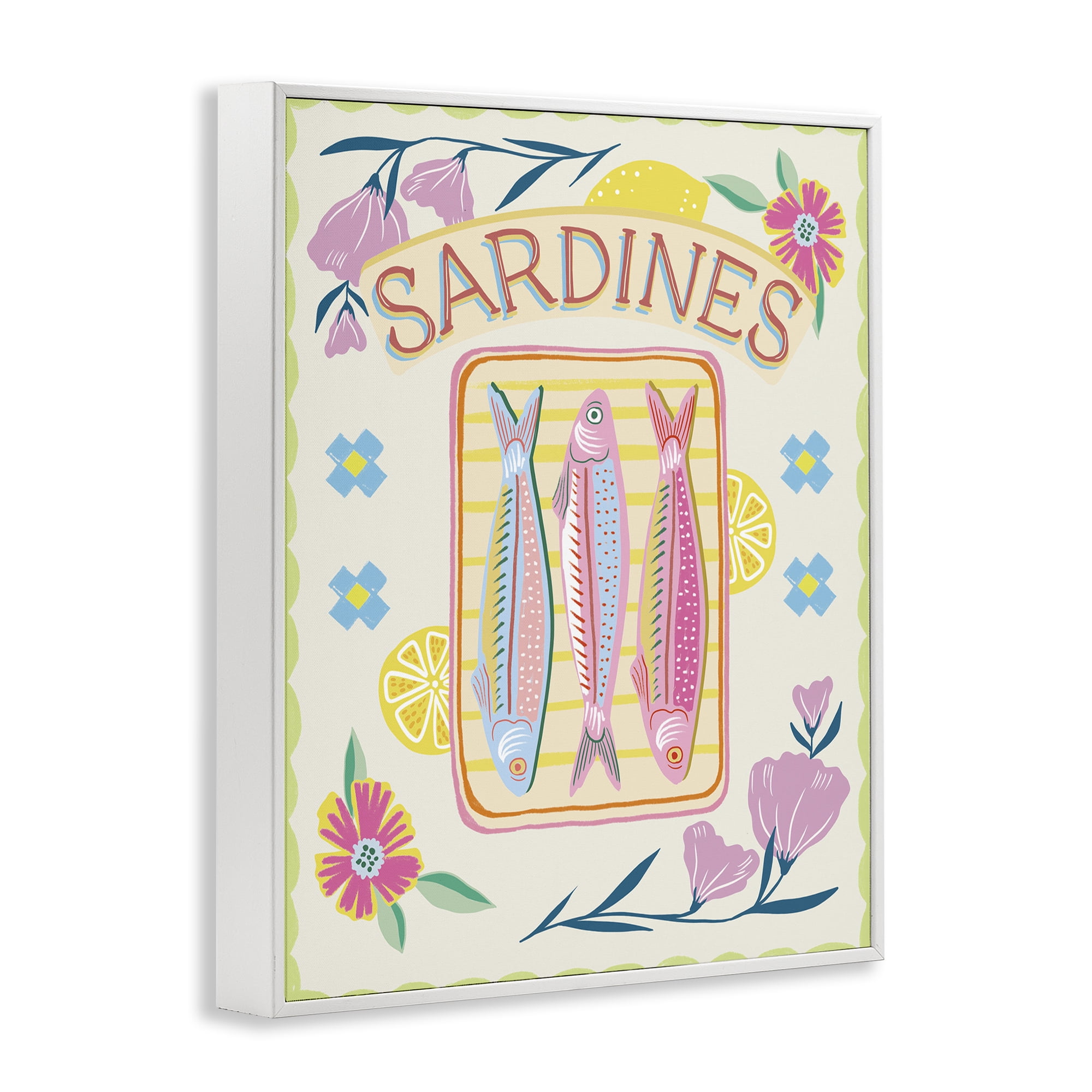 Stupell Industries Pastel Sardines & Flowers White Framed Giclee Art, design by Jo Reid