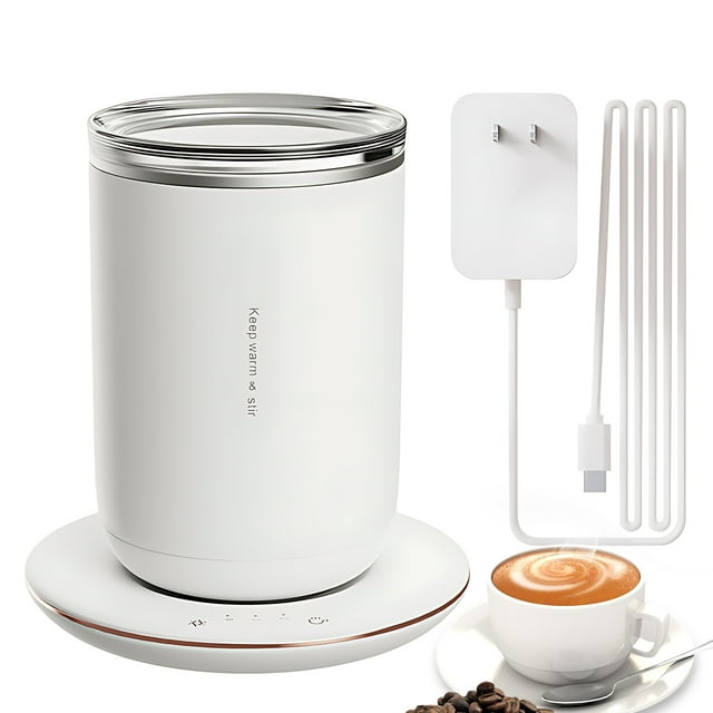 2 In 1 Self Stirring Coffee Mug 3 Level Adjustable Constant Temperature Cup Warmer 60s Auto Stop 24W Magnetic Self Stirring Cup with 300ml/10.5oz Capacity Touch Button Base and Dustproof Cover