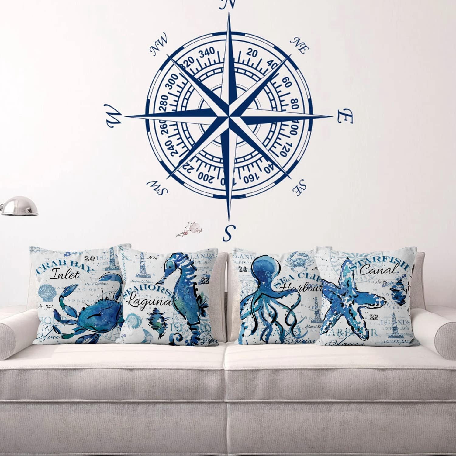 Ocean Theme Pillow Covers 16x16 Set of 4, Navy Blue Sea Animals Throw Pillow Covers Crab Seahorse Octopus Starfish Pillowcase Coastal Accent Summer Decorative for Home Outdoor