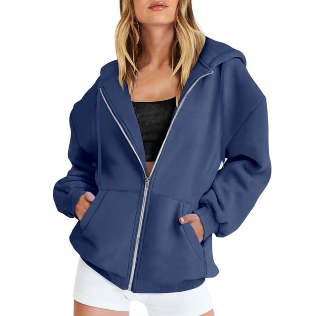 Women's Fall Jacket Oversized Pocket Sweatshirt Casual Drawstring Clothing Zipper Track Jacket Solid Color Long Sleeve Hooded Top