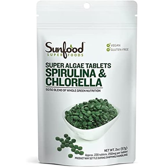 Sunfood Superfoods 2-in-1 Spirulina & Chlorella Tablets for Immune Support, 2 Oz