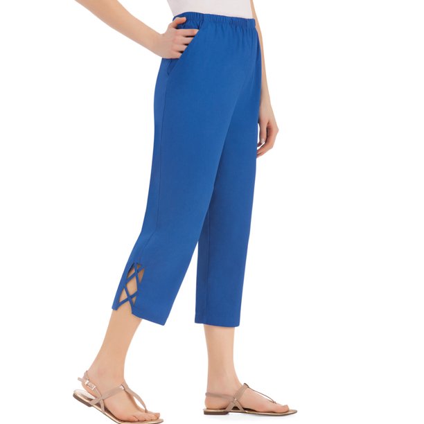 Collections Etc. Women's Lattice Trim Capri Pants, XLarge, Royal