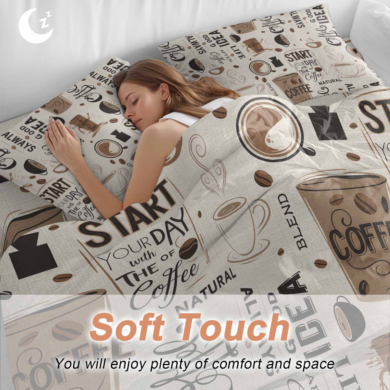 Coffee Cup Bedding Duvet Cover Set Full Size 4 Pieces Coffee Beans Linen Background Soft Twill Plush Quilt Cover, Include 1 Duvet Cover 1 Flat Sheet And 2 Pillow