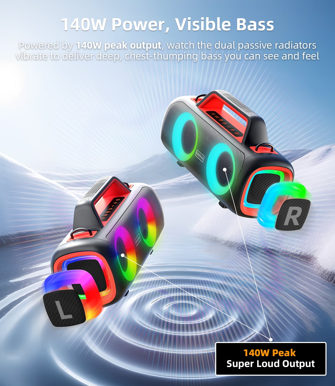 Portable Bluetooth Speaker IP65 Waterproof,140W Loud Sound,Bass Boost,Bluetooth 5.3, LED Lights,True Wireless Stereo Pairing,24H Playtime, for Home/Outdoor/Party/Beach, Fashionable Gift
