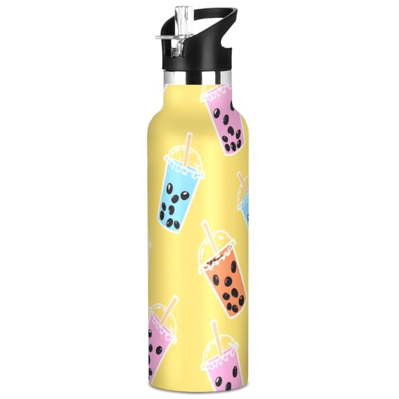 ALAZA Boba Bubble Tea Yellow Pattern Stainless Steel Water Bottle Vacuum Insulated Leak-Proof Tumbler with Straw Handle 20oz