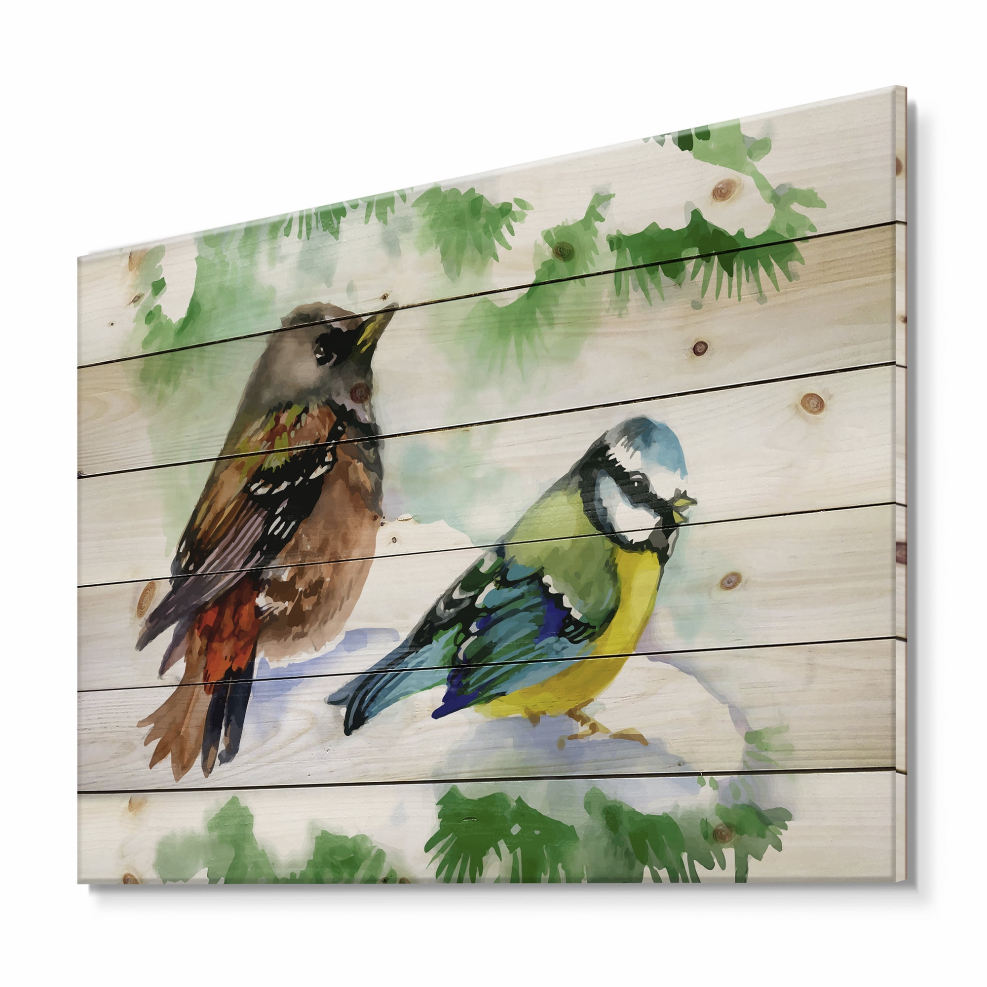 Designart 'Forest Birds Sitting On Snowy Fir Tree Branch' Traditional Print on Natural Pine Wood