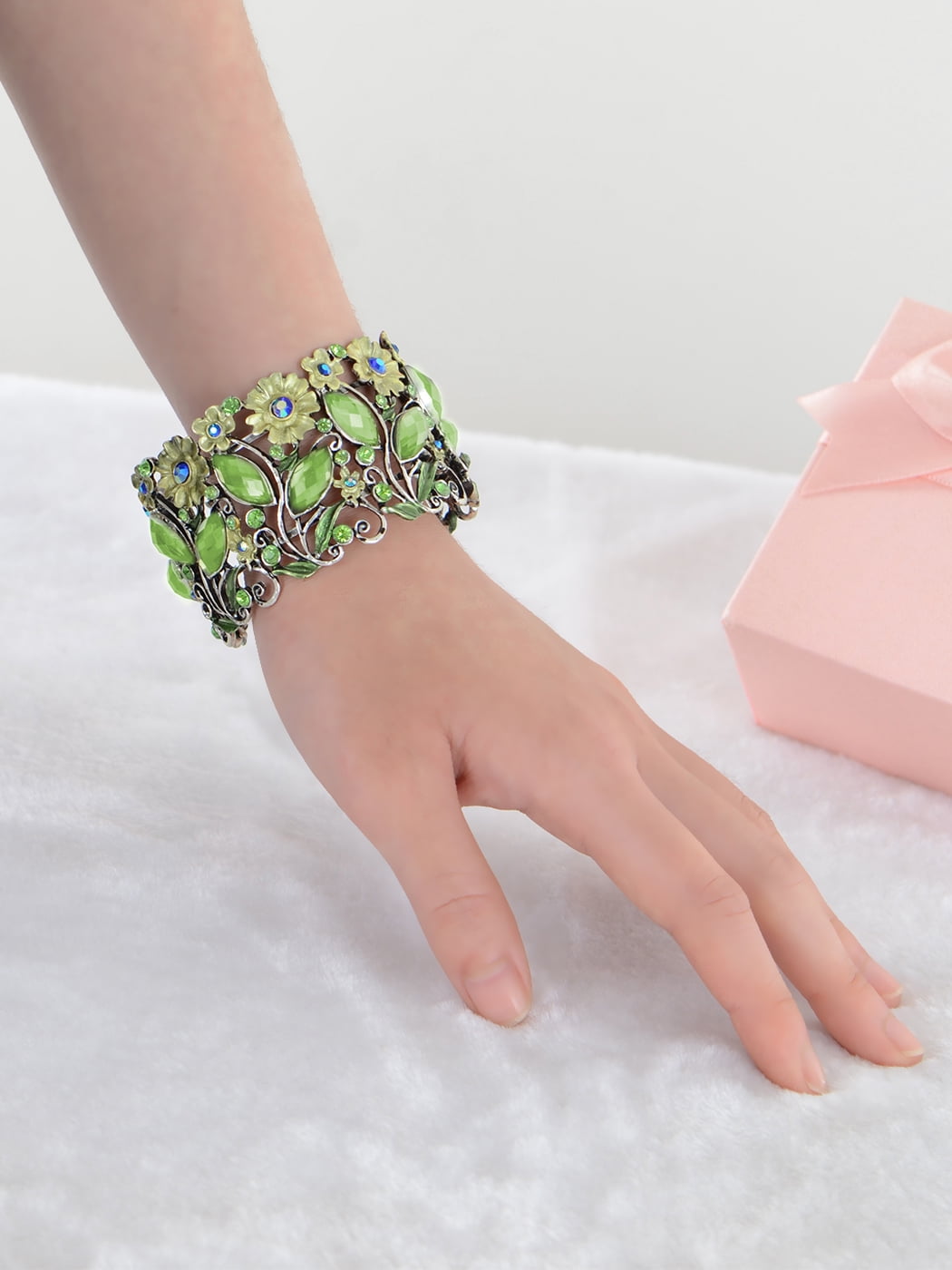 ブレスレット Green Floral Stone Cuff Bracelet Antique Floral Green Blue Crystal Rhinestone Yellow Flower
