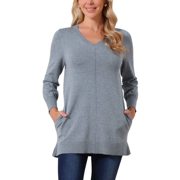 SUÉTER de Otoño e Invierno INSPIRE CHIC para Mujeres, Cuello en V, Manga Larga, Suéter Oversized con Bolsillos, Top Tunic Suelto y Grueso M Gris