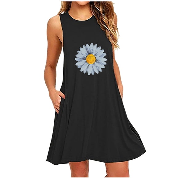XVJRHAK Petite Dresses Fashion Womens Pocket Daisy Printing Sleeveless A-Line Casual Nightdress Dresses Mid-Length(Black,L)