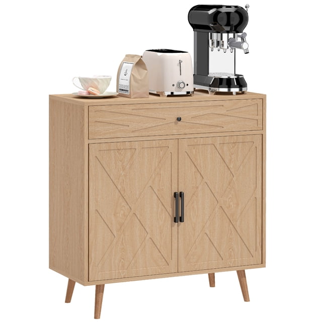 HOMCOM 30" Farmhouse Sideboard Buffet Cabinet with Patterned Doors, Oak