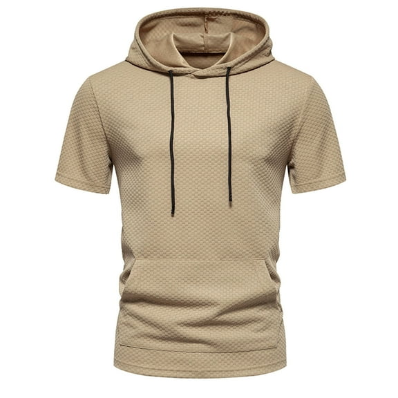 WREESH Men's Hooded Short Sleeve T-Shirt Casual Solid Fashion Pullover Workout Hoodie Khaki