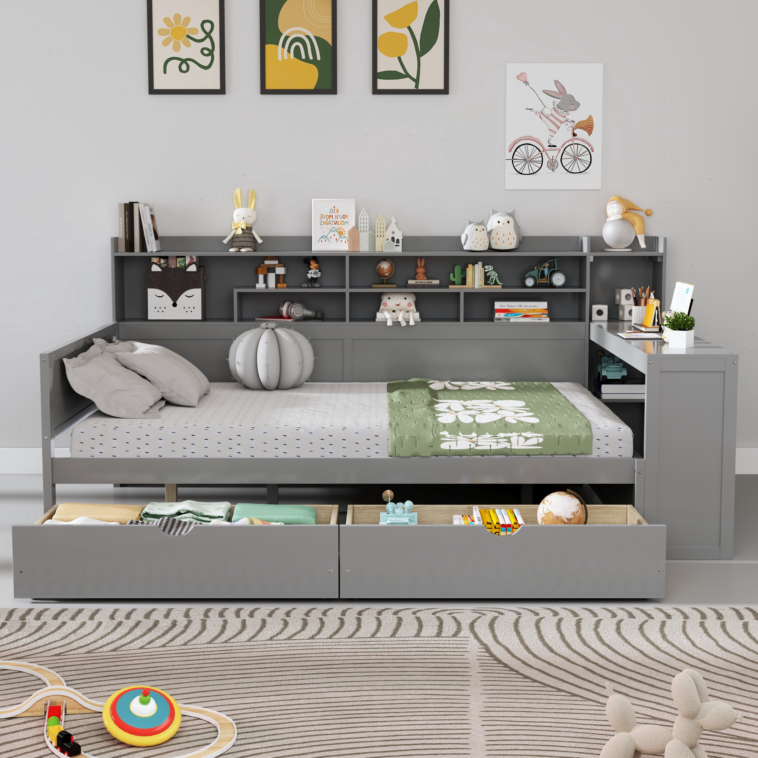 Euroco Wood Full Size Daybed with Storage Shelves Drawers and Desk, Gray