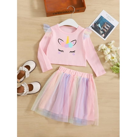

Toddler Girls Unicorn Print Ribbed Knit Ruffle Trim Top Mesh Skirt Multicolor Cute A040W