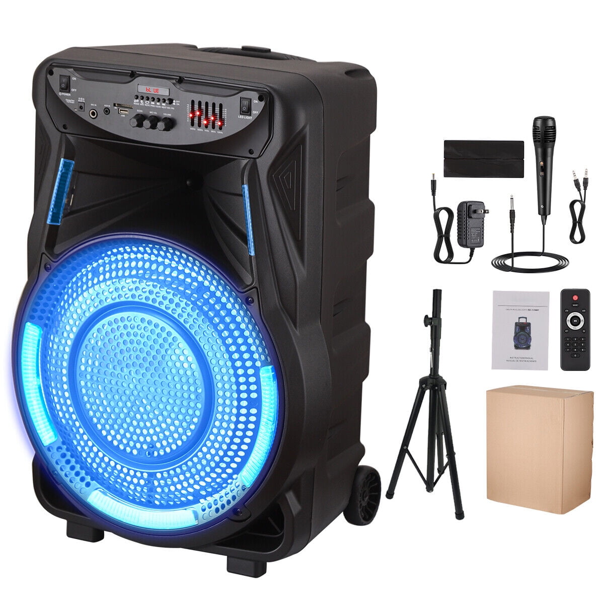 2700W Portable Bluetooth Speaker with Tripod Stand 15" Woofer Party PA Sound System Horn Tweeter Mic