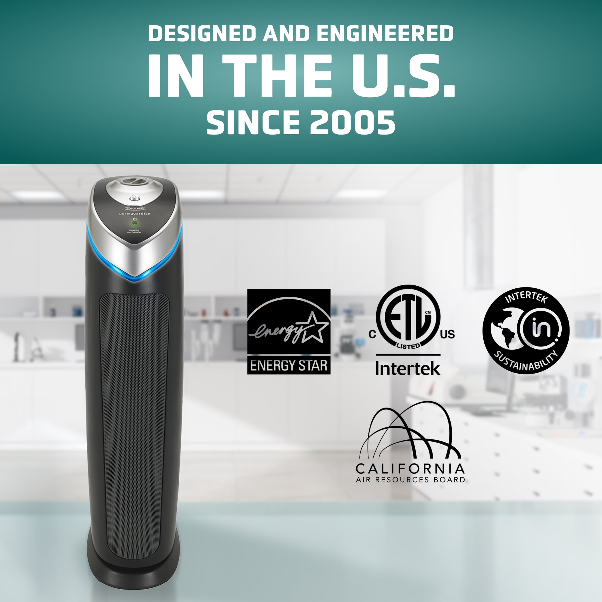 GermGuardian 915 Sq. ft. HEPA Pure Tower Air Purifier with UV-C, Gray, AC5000E
