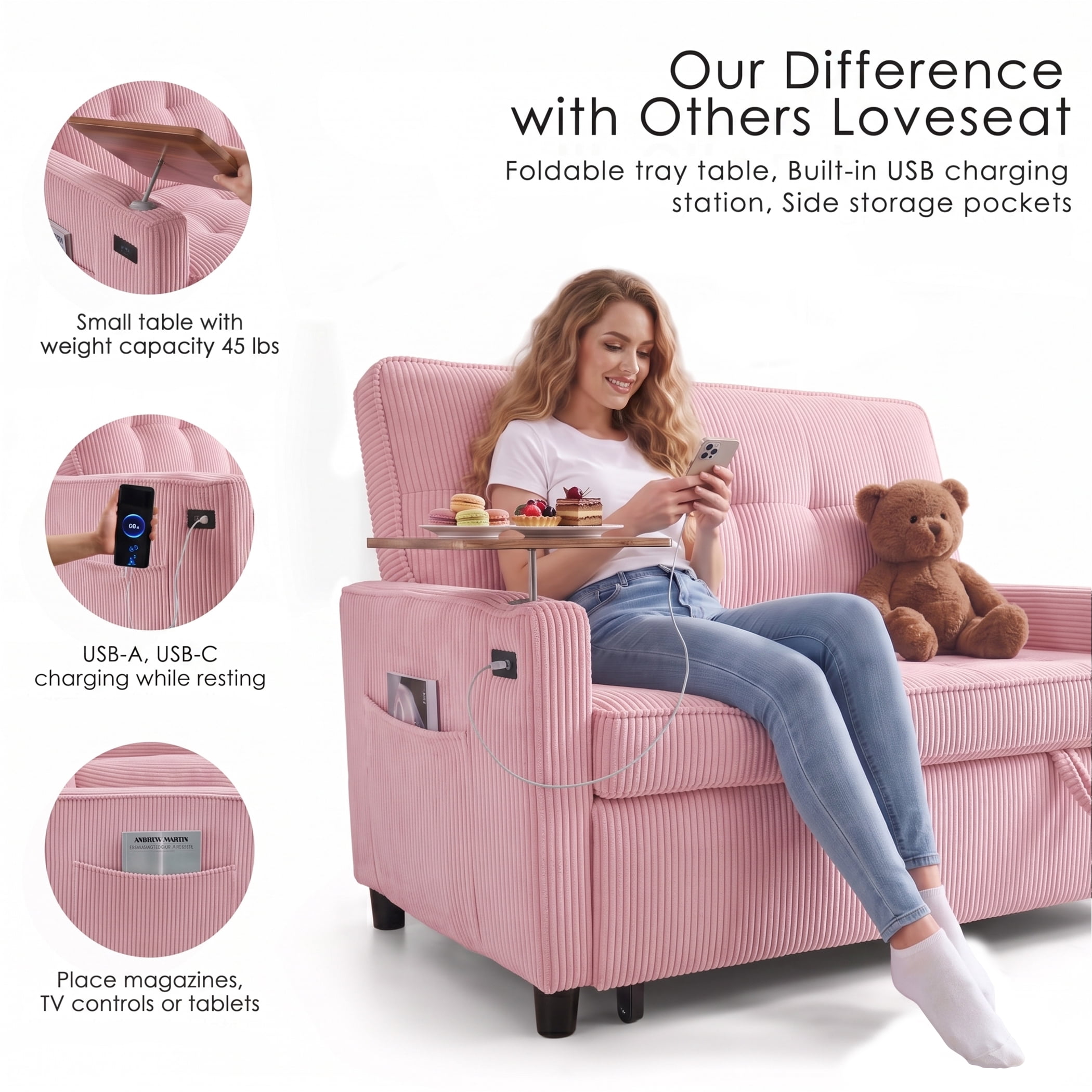 AISWORD 55" 3-in-1 Convertible Sleeper Sofa Bed, Pull Out Loveseat Couch with Side Tray Table & USB Charging Port, Adjustable Backrest Sofa for Apartment, Bedroom, Office, Pink