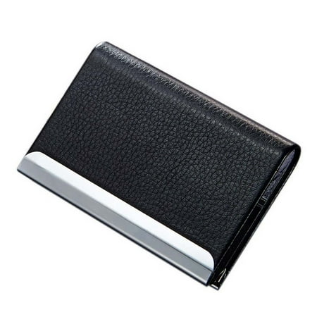 Personalized Leather Business Card Holder TSV Business Name Card Holder, ID Credit Card Case Wallet Luxury PU Leather and Stainless Steel with Magnetic Shut, Black ()