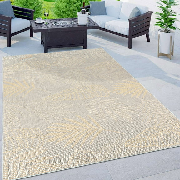Contemporary Floral Leaves Indoor/Outdoor Flatweave Waterproof Backyard Patio Yellow 5'x7' Area Rug