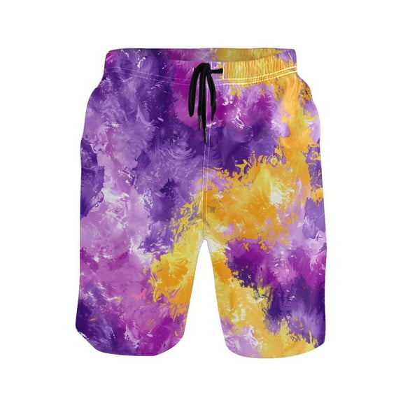 ALAZA Men's Swim Trunks Yellow and Violet Tie Dye Beach Shorts with Pockets M