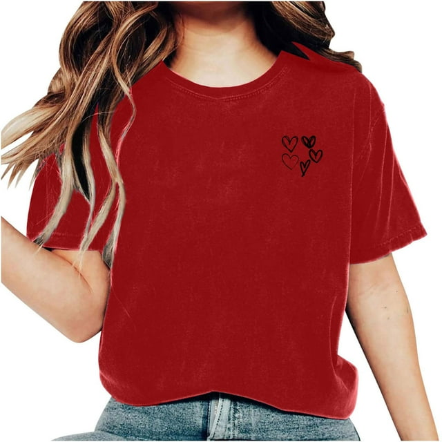 AherBiu Hauts d'Été pour Femmes Manches Courtes Haut Confortable T-Shirts Imprimé Cœur Col Rond T-Shirts Basiques Blouse